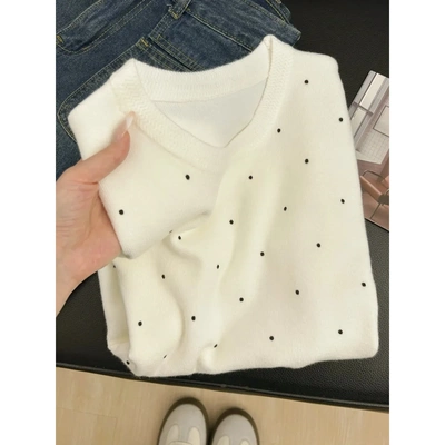 撞色波点小香风圆领针织衫女夏季修身短款上衣气质显瘦甜妹感短袖