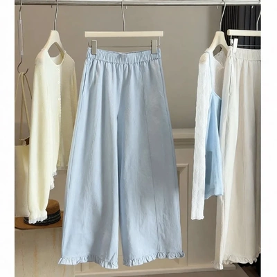 小个子木耳边下摆花苞阔腿裤女春夏季新款松紧腰洗水棉宽松九分裤