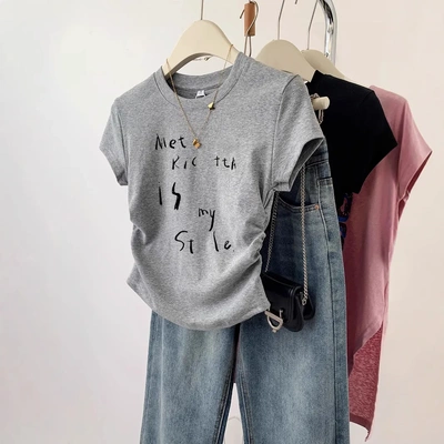 别致灰色不规则弧形短袖t恤女夏季新款休闲体恤洋气减龄短款上衣