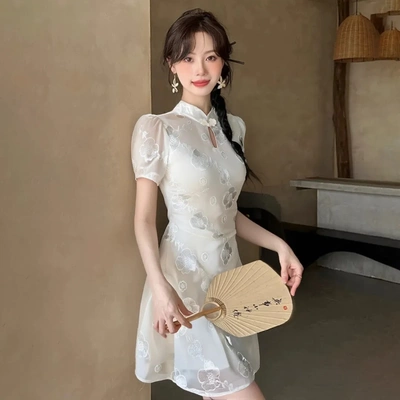 2025夏季新款小个子修身显瘦连衣裙新中式气质缎面提花改良旗袍女