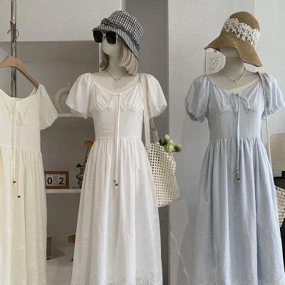 欧玛莱 V领蝴蝶结绑带泡泡短袖纯色后背打揽收腰长款连衣裙女7127