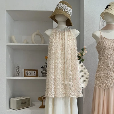 欧玛莱 重工提花立体装饰拼接网纱无袖挂脖连衣裙温柔风气质 7111