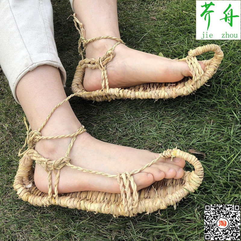 2020夏季新款草鞋稻草网红军复古天然潮平跟男女系带凉鞋藤草编织