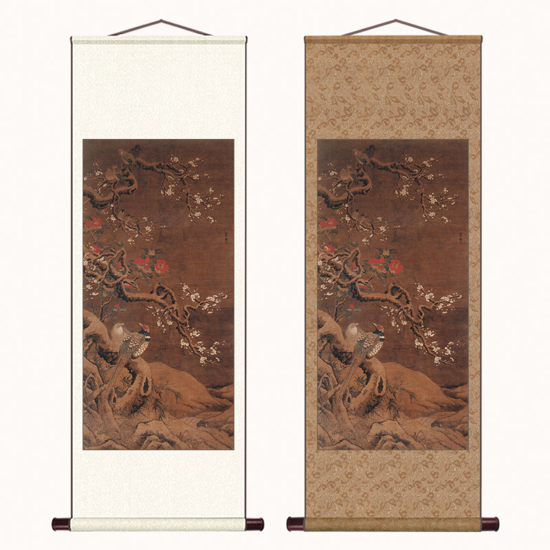 明朝吕纪梅茶雉雀图微喷仿古国画卷轴客厅书房民宿复古装饰画挂画