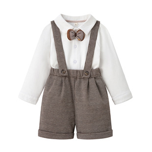 英伦风男宝宝背带裤套装千鸟格长袖男童生日服装春秋绅士礼服
