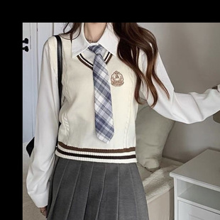 美式jk制服套装裙学院风女秋减龄针织马甲衬衫百褶半身裙三件套
