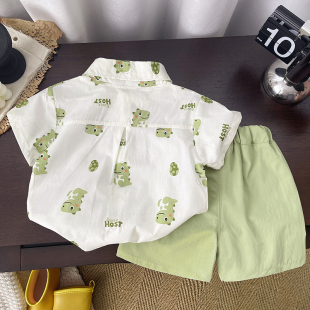 夏装 衣服宝宝夏季 套装 儿童卡通恐龙可爱衬衫 两件 2025新款 男童短袖