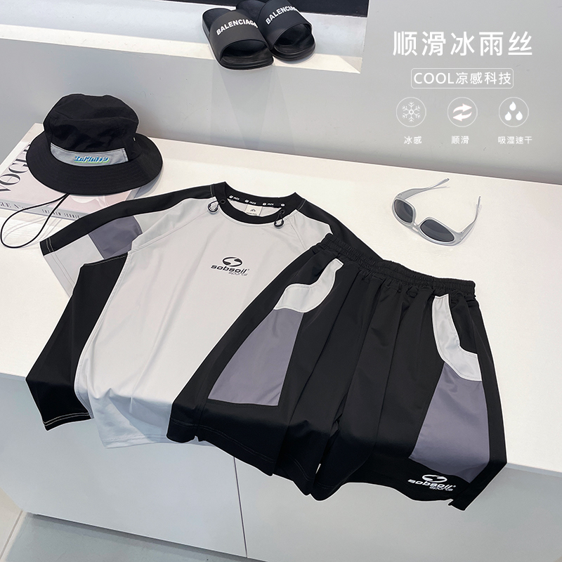 男大童涼感運動套裝2025夏中大童男孩薄款短袖寬松褲子籃球兩件套