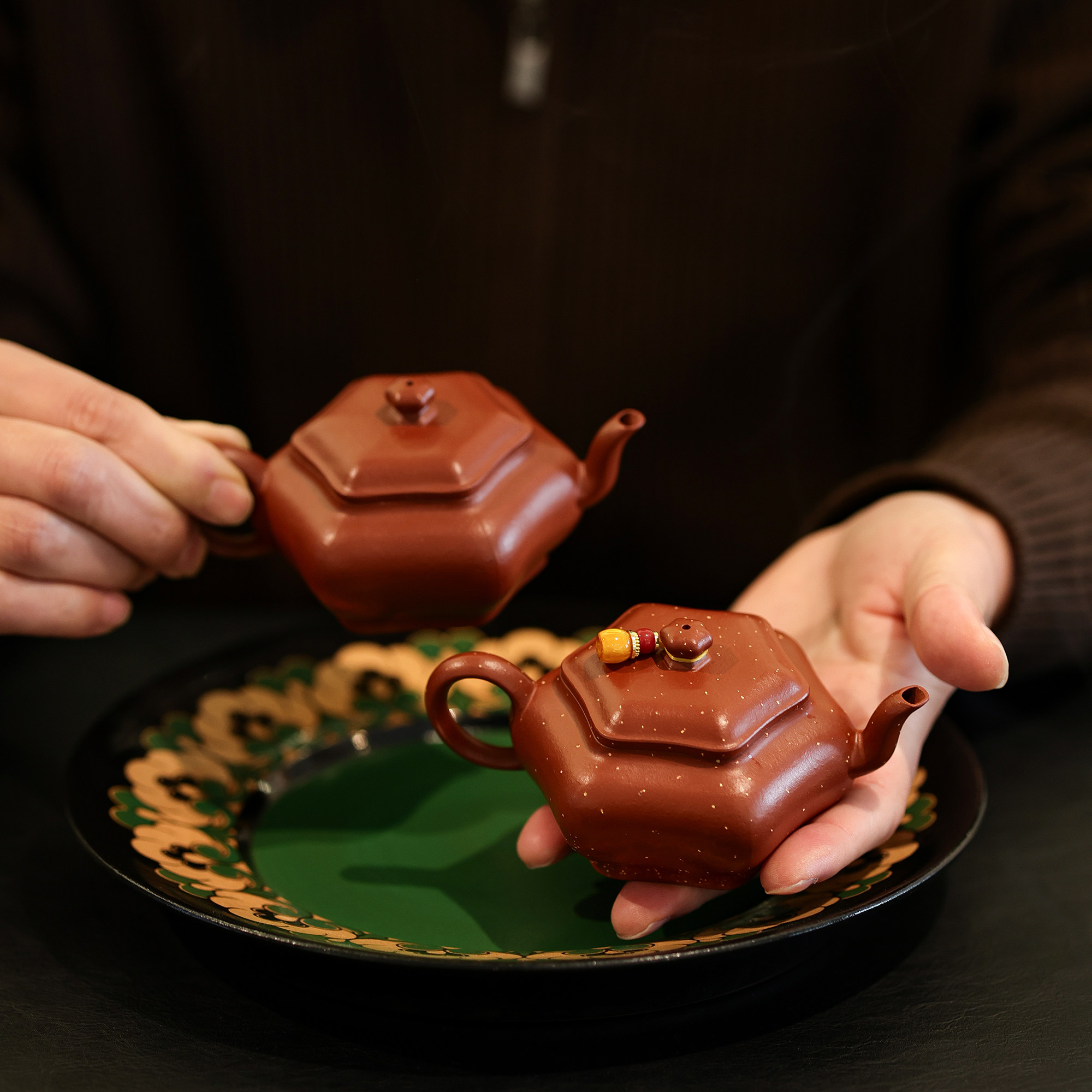 12.12出窑2只-120c六方扁灯 朱泥铺砂方器 全手工壶 原矿紫砂壶