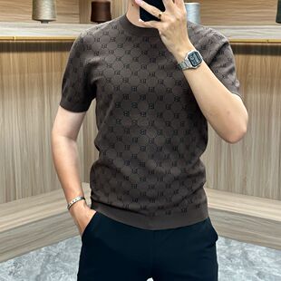 欧货高端短袖毛衣男春秋时尚潮牌提花针织半袖男士圆领新款打底衫