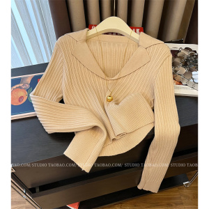 欧美高端洋气超好看针织衫女装秋冬新款复古时尚修身西装领打底衫