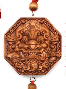 桃木兽头八卦镜挂件狮咬剑牌虎头吞口木雕风水解决厕所卫生间对门