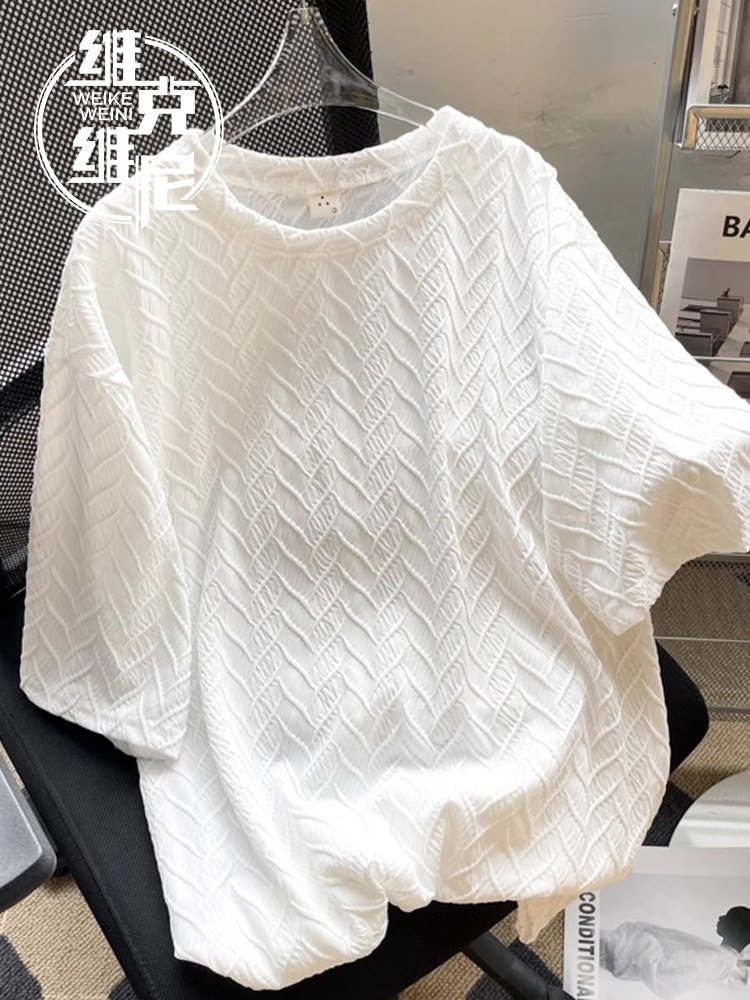 冰丝提花短袖T恤男夏季薄款潮牌痞帅休闲宽松纯色简约五分袖上衣