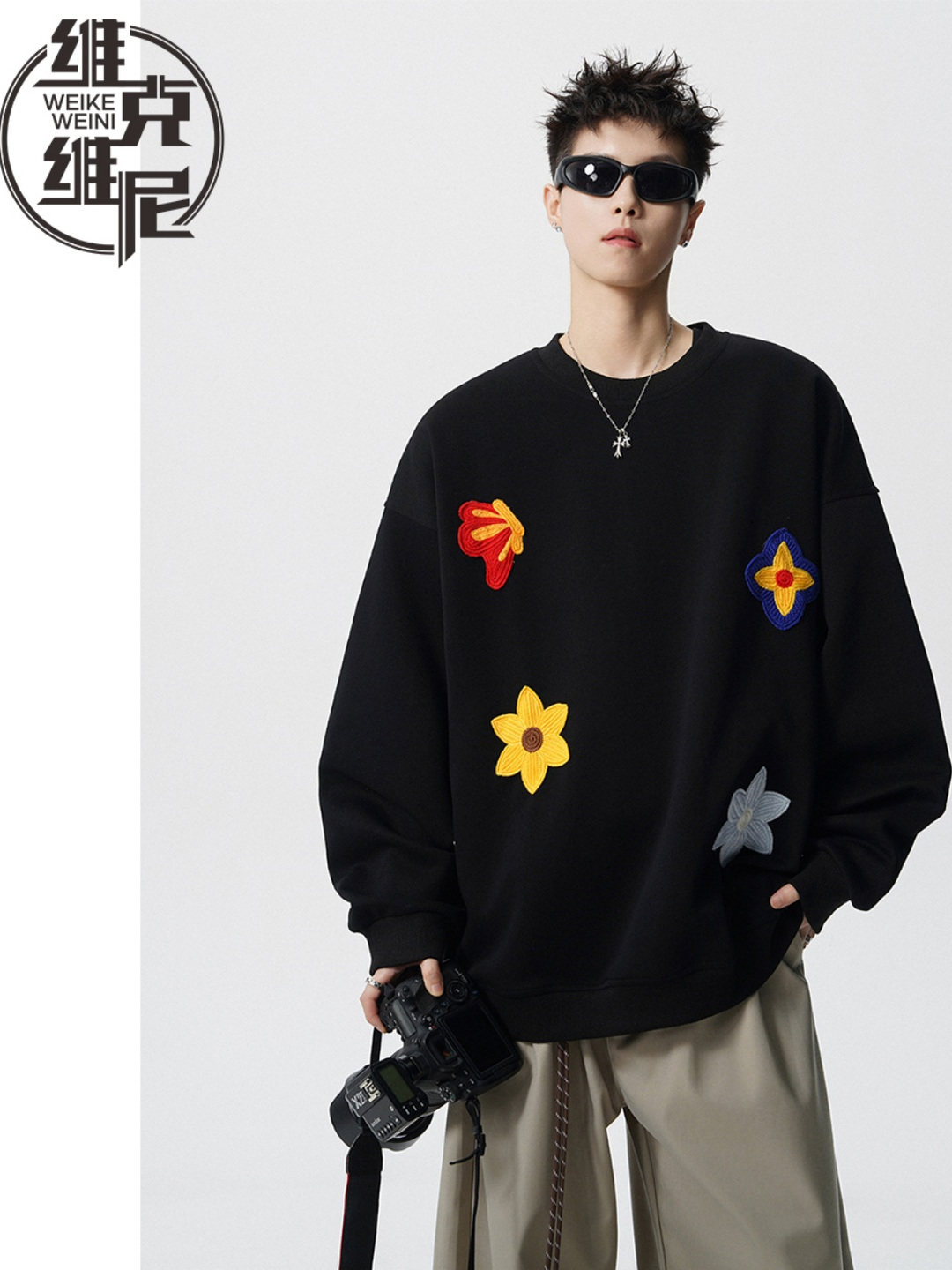 花卉刺绣卫衣男士2025年秋季新款美式潮牌设计感宽松休闲长袖上衣