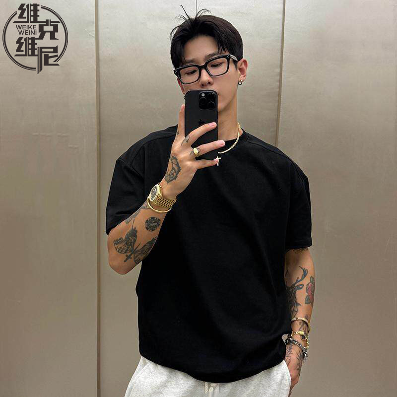 黑色短袖t恤男士2026夏季新款美式潮牌休闲帅气纯棉宽松正肩上衣