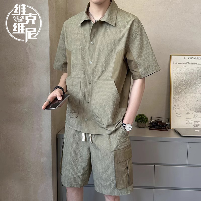 冰丝休闲套装男士夏季潮牌痞帅短袖Polo衫搭配运动五分短裤两件套