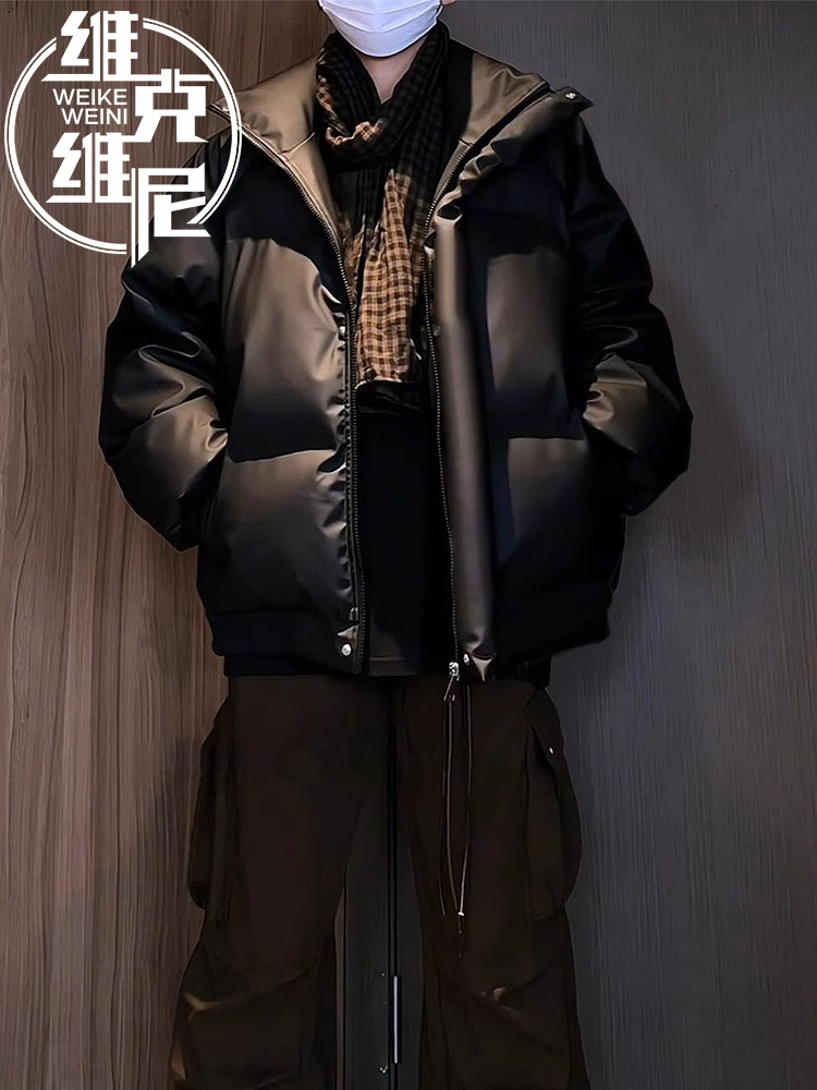 立领羽绒服外套男士2025冬季新款美式潮牌休闲帅气加厚PU皮面包服