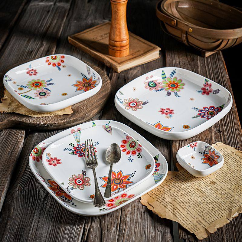 北欧风蝶恋花陶瓷家用餐盘创意方形菜盘菜碟简约意面盘大菜碗摆盘,厨房/烹饪用具,配菜/备菜盘,淘宝优惠券,粉丝福利购,淘宝优惠卷