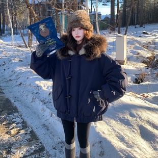 OneSession 蓝色派克毛领羽绒服女冬季韩里韩气保暖加厚连帽外套