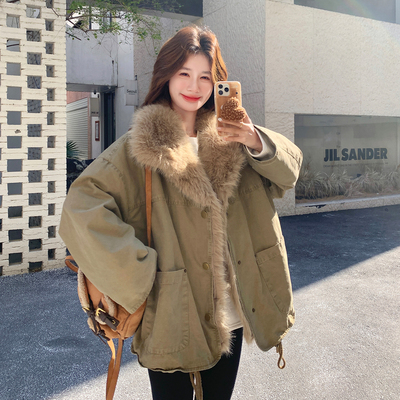 OneSession 韩系巨好看的初冬外套座山雕夹克女装加厚大毛领棉衣