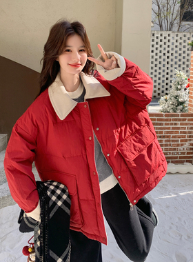 OneSession 过年红色羽绒服女装冬季新款保暖加厚高级灯芯绒外套