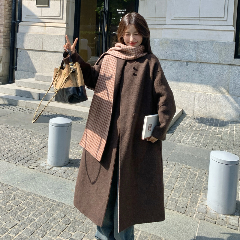 OneSession 羊毛双面呢大衣女冬季高级感咖色格纹长款毛呢子外套