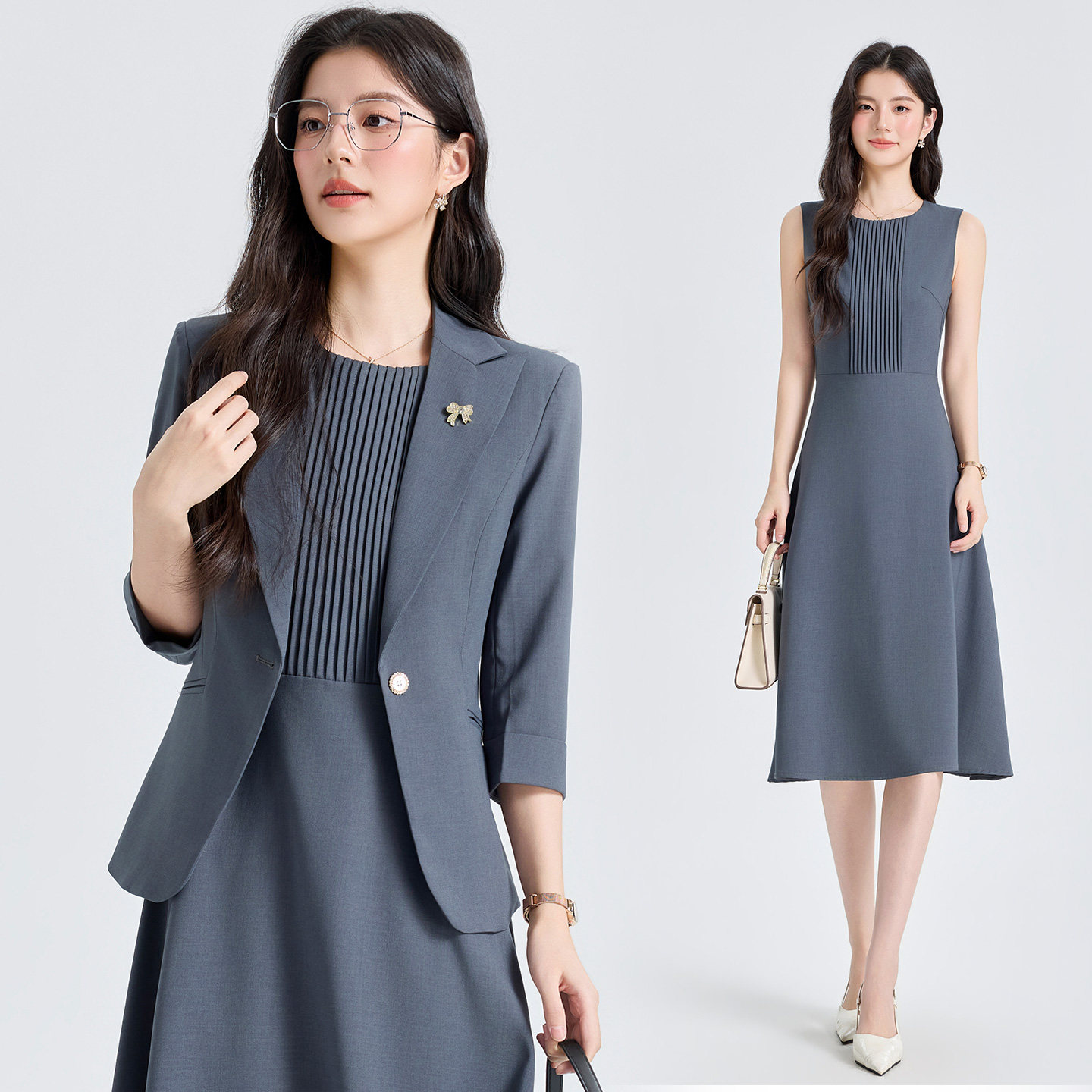 灰色西装外套女2026春夏新款七分袖西服上衣气质连衣裙职业套装裙