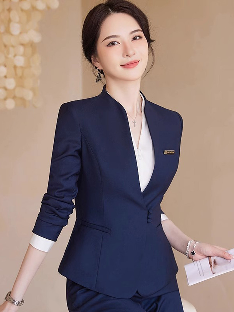 职业套装女西装秋冬酒店前台领班无领西服工装珠宝店美容院工作服