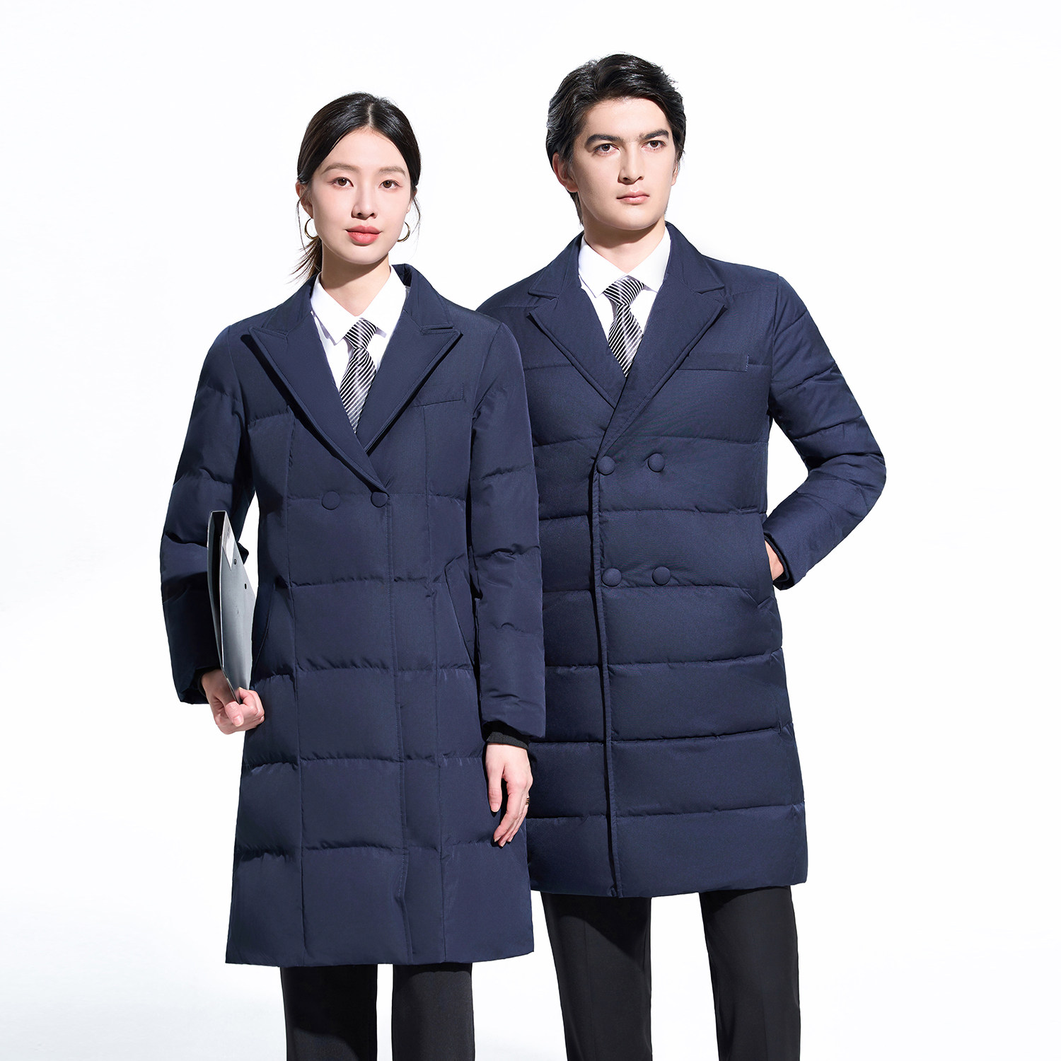 蓝色棉服男女同款冬季新款中长款保暖加厚职业工装棉衣西装领外套