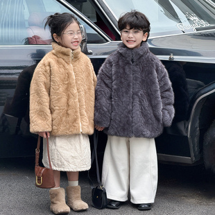 儿童仿皮草水貂外套男童毛绒上衣女童棉服加棉厚毛毛大衣冬装洋气