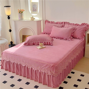 冬牛奶绒刺绣床裙单件加厚法兰绒床护罩席梦思床垫套加绒床单双人