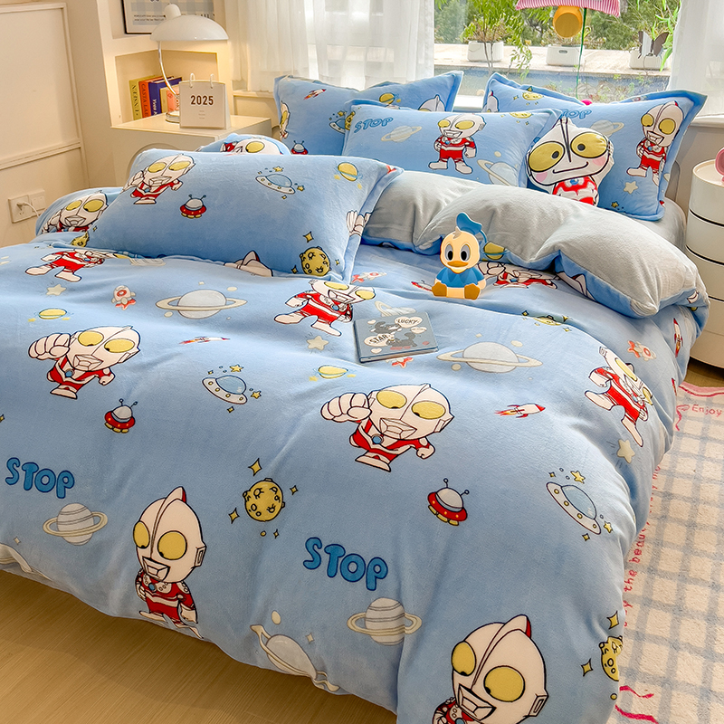 男孩卡通奥特曼加厚牛奶绒床笠四件套儿童珊瑚绒床单被套床上用品