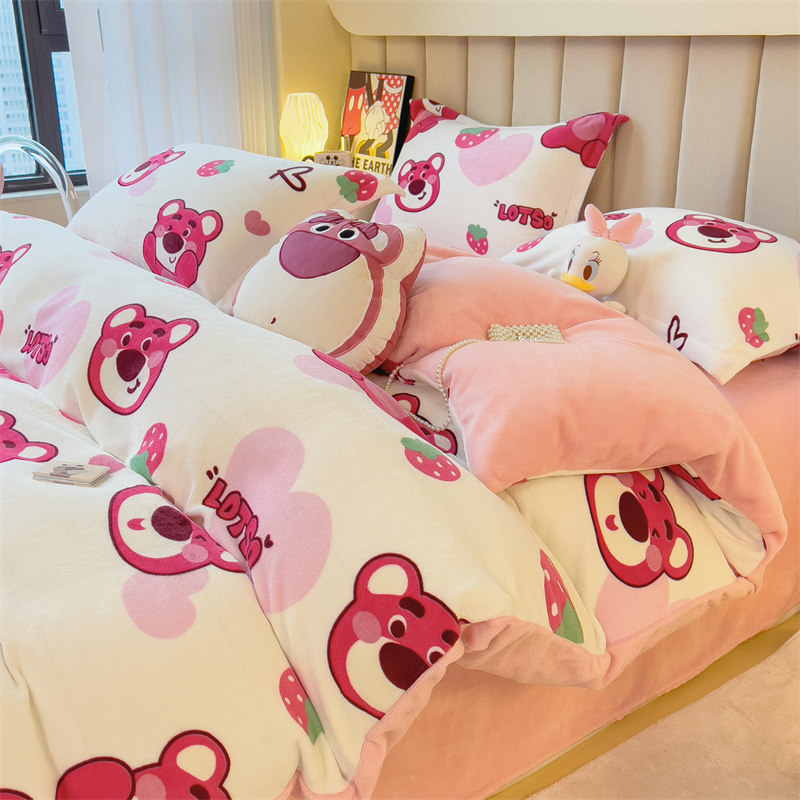 儿童草莓熊牛奶绒单件被套150x200x230cm法兰绒卡通被罩单品冬