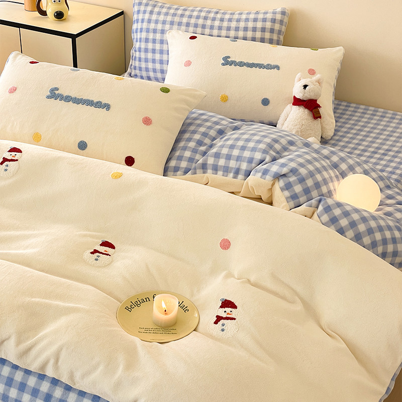 冬季双面绒牛奶绒四件套卡通法兰绒被套罩床笠单双人儿童ins床品4