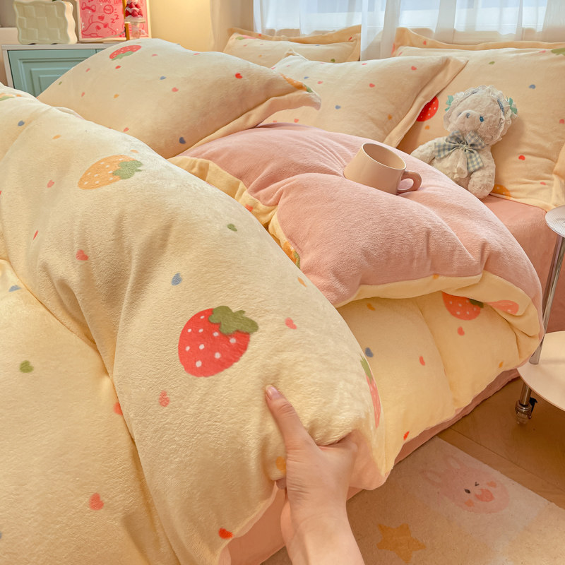 小清新加厚保暖牛奶绒印花四件套双面绒法兰绒被套罩床笠床单双人