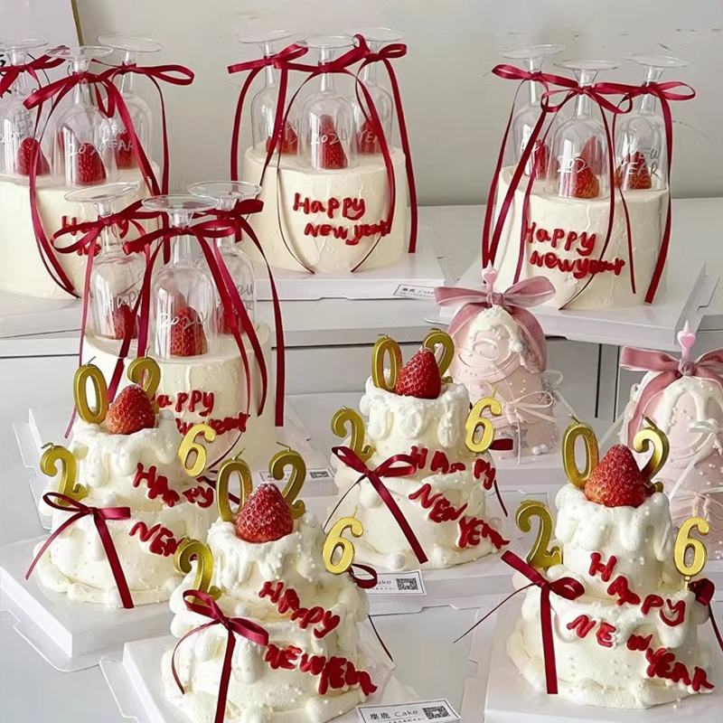 2026新年跨年元旦蛋糕装饰数字蜡烛透明红酒杯高脚杯烘焙装扮插件