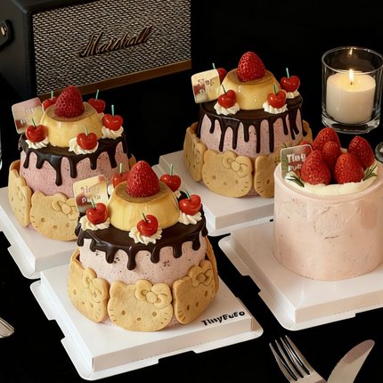 网红圣诞节hellokitty饼干蛋糕装饰摆件樱桃蜡烛烘焙甜品装扮插件