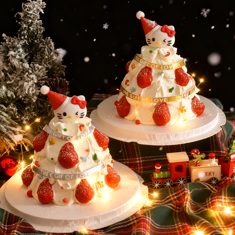 2025圣诞节蛋糕装饰草莓许愿树kt猫摆件迷你小帽子丝带装扮插件