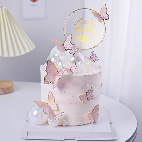 烘焙蛋糕装饰品粉色金边蝴蝶幻彩球插件蛋糕插牌生日派对装扮摆件