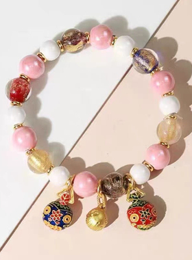 粉白色瓷珠吞金兽一家三口多巴胺财运手链香灰瓷琉璃多宝金箔手串