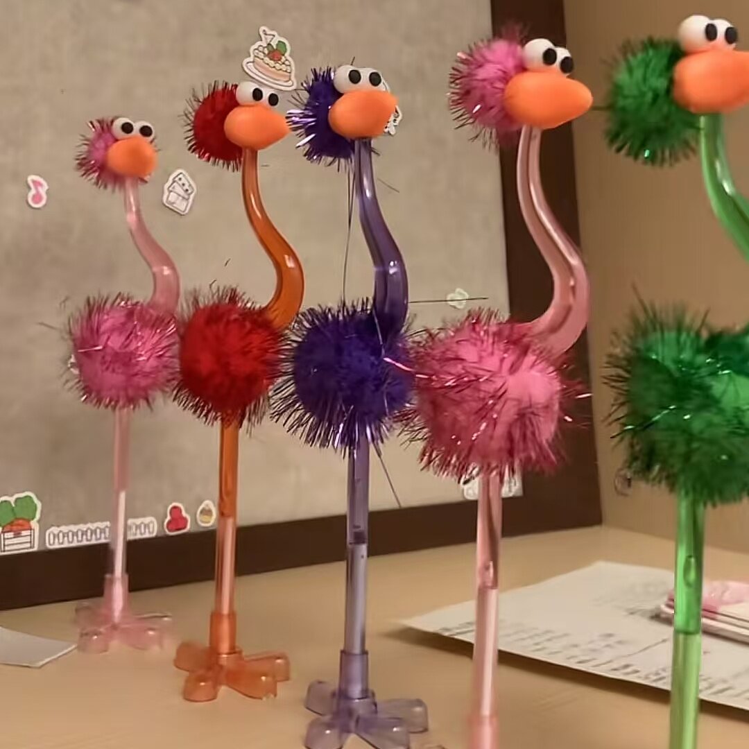 毛绒绒鸵鸟笔可站立火烈鸟造型刺球圆珠笔新奇特学生文具圆珠笔