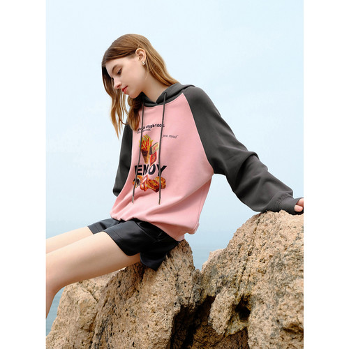 ibudu2024秋季新款趣味碳水印花连帽卫衣插肩袖宽松大版女