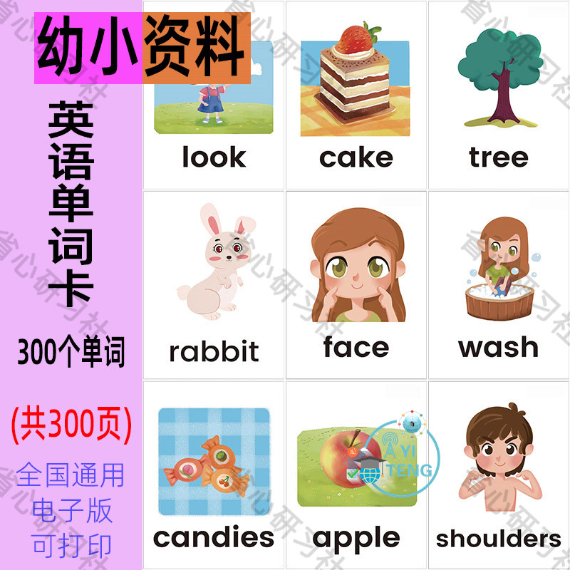 幼小衔接儿童英语启蒙单词闪卡卡片300张小学生学习资料电子版