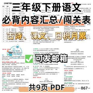 小学语文三年级下册课内必背诵闯关表古诗课文寒假预习电子版资料
