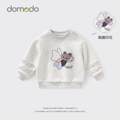 女童卫衣春秋款儿童上衣中小童圆领打底衫花边袖卡通印花2025新款