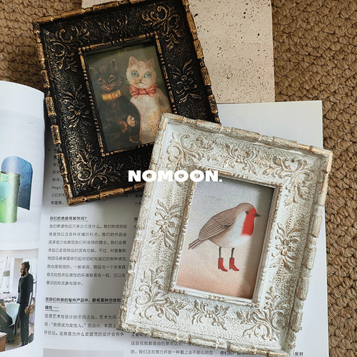 法式雕花相框小框挂画做旧复古小众高级感支架摆件可爱动物小画