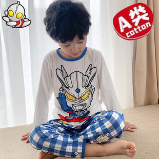 男童睡衣a类全棉夏薄款纯棉男女童家居服套装呼吸棉奥特曼空调服