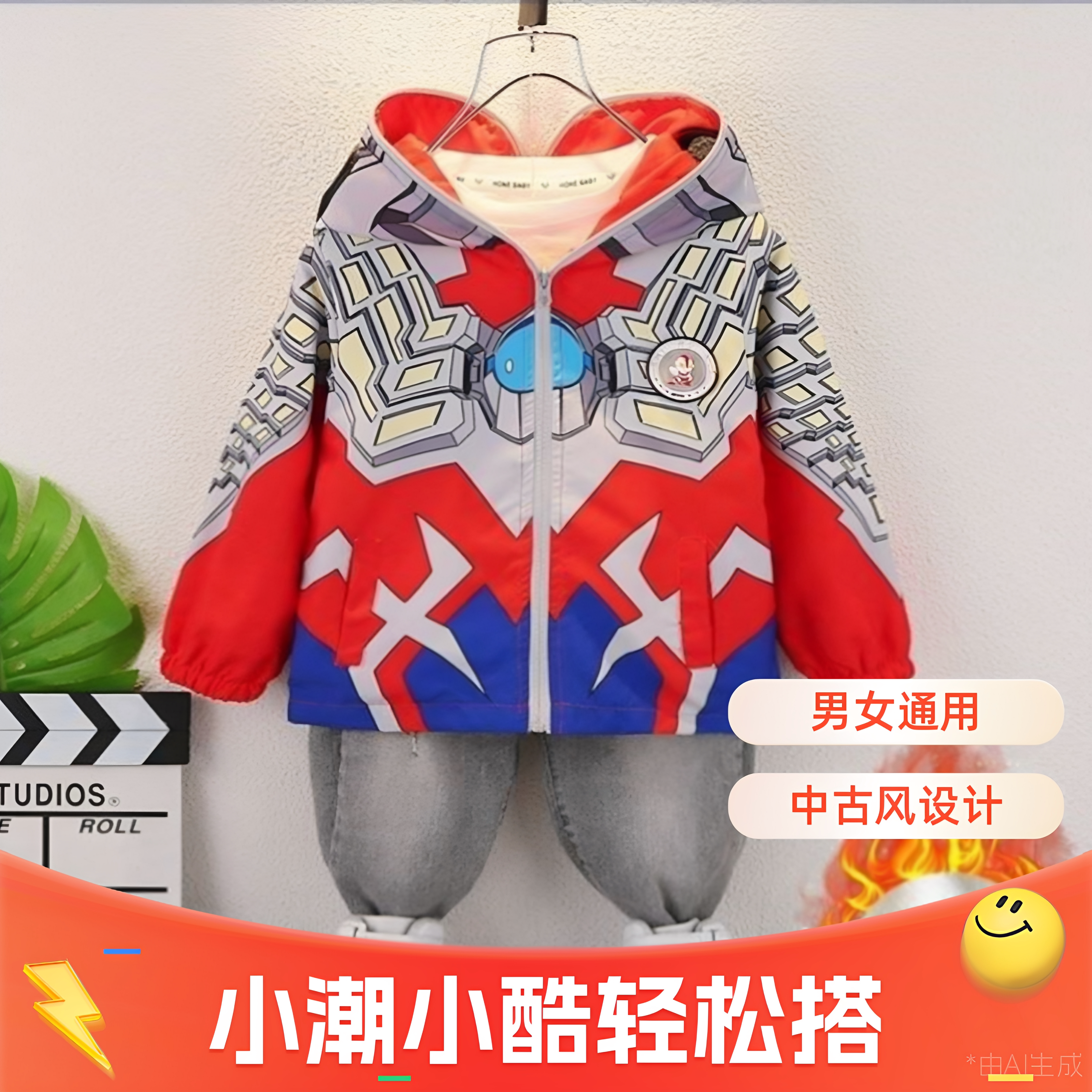 清仓男童赛罗小赛罗春秋装发光外套薄款冲锋衣连帽带眼镜男孩儿童