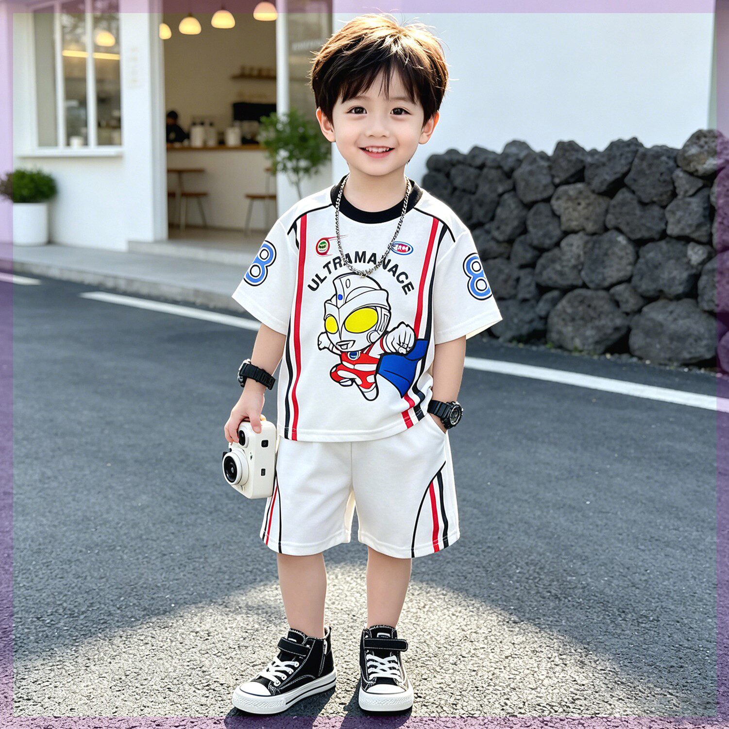 奥特曼男童套装2026夏季新款短袖牛仔裤酷帅洋气炸街痞帅夏装纯棉