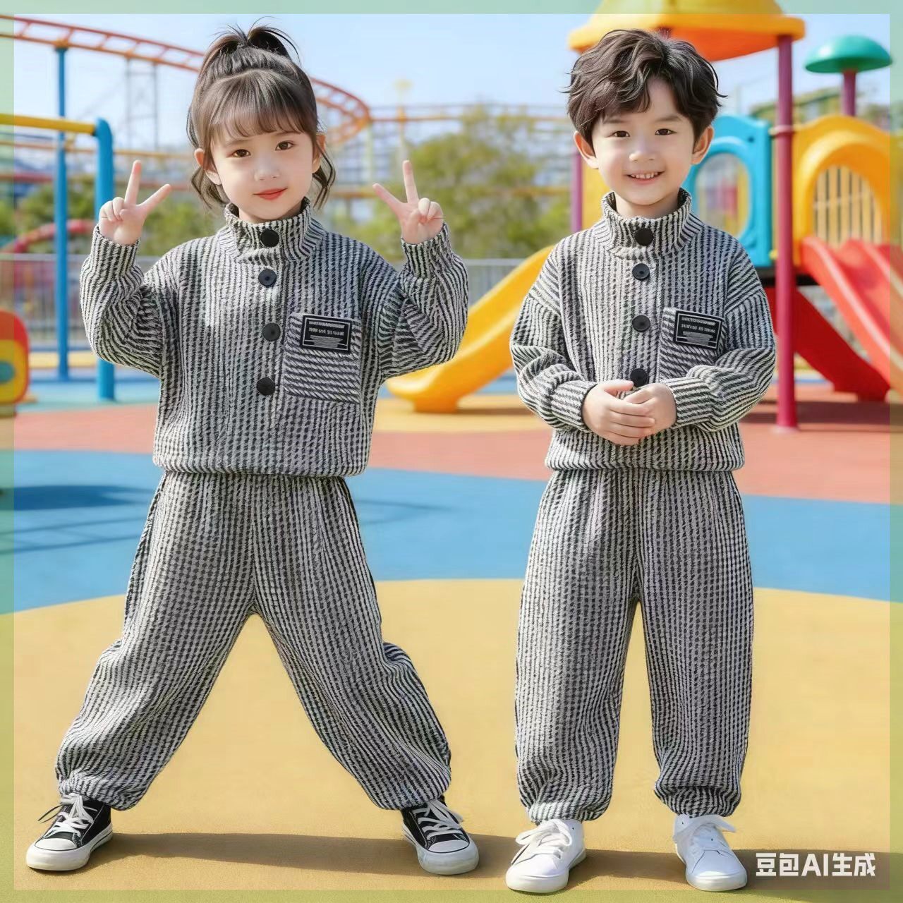 2026新款春装两件套儿童套装男童时尚休闲风女童韩版格子立领卫衣